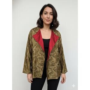 VTG Japanalia Silk Fern Leaf Embroidered Kimono Style Jacket Red Lining M/L Arts